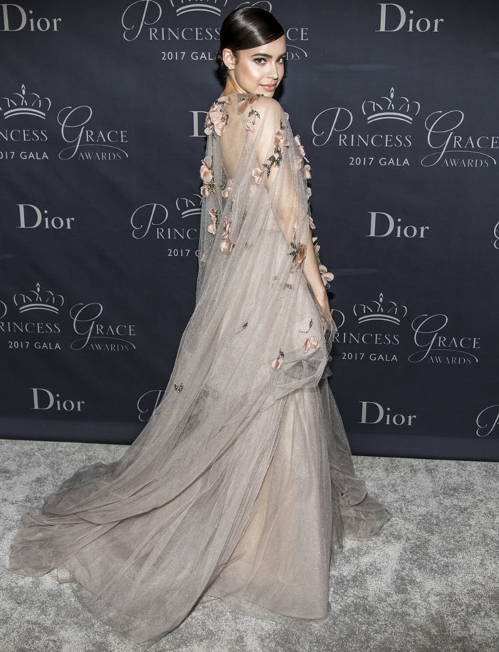 Sofia Carson wearing a Monique Lhuillier nude tulle princess gown to the 2017 Princess Grace Awards Gala held at The Beverly Hilton Hotel in Beverly Hills, California, on October 25, 2017