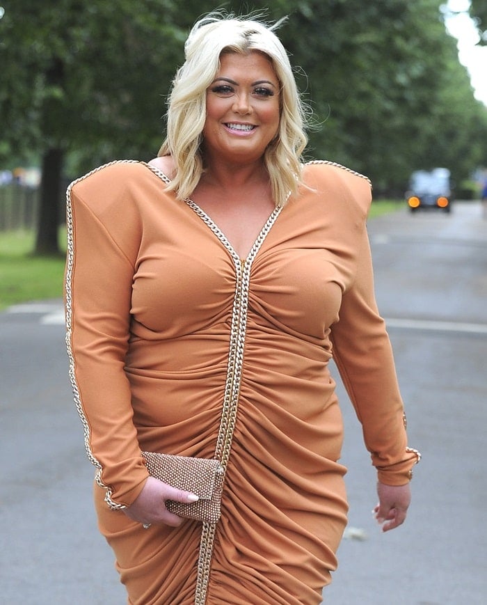 Gemma Collins looking like a quarterback for an American football team in a Gerda Truubon dress at ITV’s summer party in London on July 20, 2017