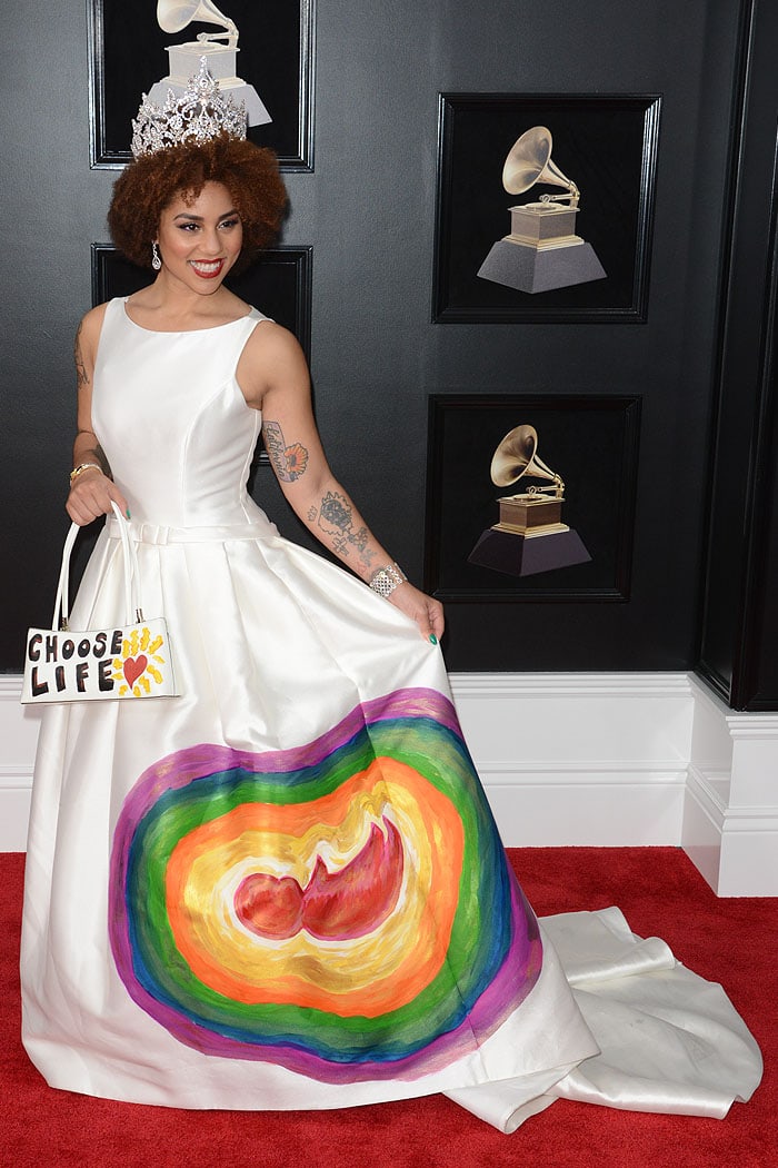 Joy Villa wearing her hand-painted pro-life gown at the 2018 Grammy Awards held at Madison Square Garden in New York City on January 28, 2017.