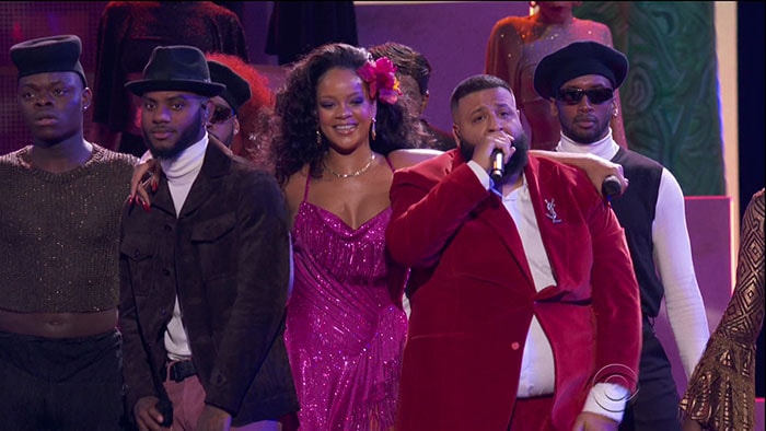 Rihanna, on stage with Bryson Tiller and DJ Khaled, performing her song "Wild Thoughts" at the 2018 Grammy Awards held at Madison Square Garden in New York City on January 28, 2017.