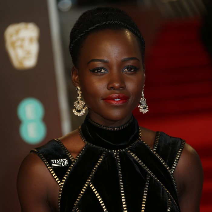 Lupita Nyong’o wearing a black Elie Saab Couture gown at the 2018 EE British Academy Film Awards held at Royal Albert Hall in London, England, on February 18, 2018