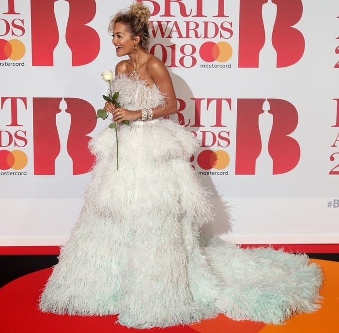 Rita Ora wearing a feathered Ralph & Russo Fall 2017 Couture dress at the 2018 BRIT Awards held at The O2 Arena in London, England, on February 21, 2018