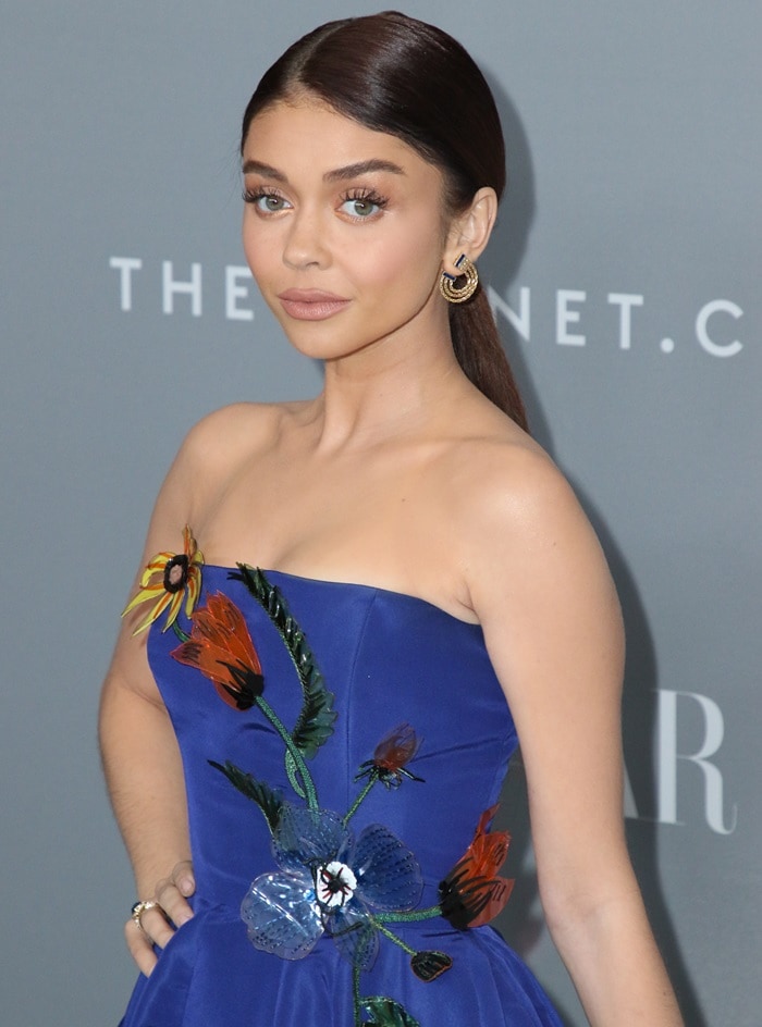Sarah Hyland wearing a strapless Carolina Herrera Pre-Fall 2018 gown at the 2018 Costume Designers Guild Awards held at the Beverly Hilton Hotel in Beverly Hills, California, on February 20, 2018