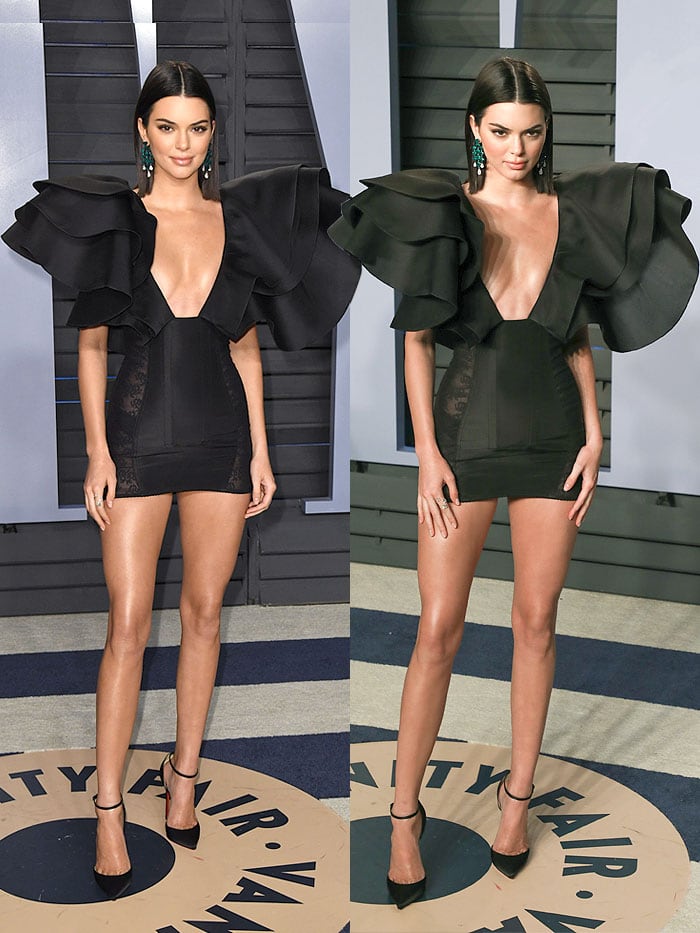 Kendall Jenner in an extremely short Redemption mini dress with ruffled sleeves and Christian Louboutin 'Uptown' pumps.