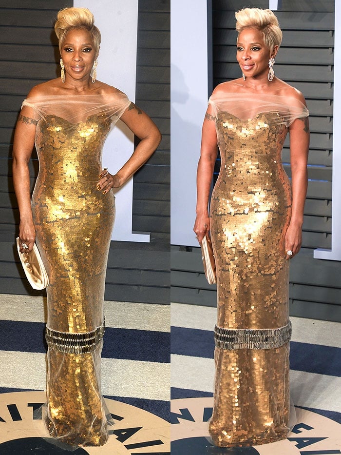 Mary J. Blige in a Vera Wang gold sequined strapless dress encased in white tulle overlay at the 2018 Vanity Fair Oscars Party.