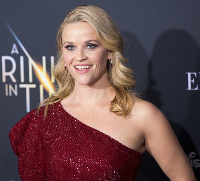 Reese Witherspoon wearing a Michael Kors Collection custom claret crystal-embroidered gown to celebrate the premiere of Disney’s ‘A Wrinkle In Time’ in Los Angeles, California, on February 26, 2018