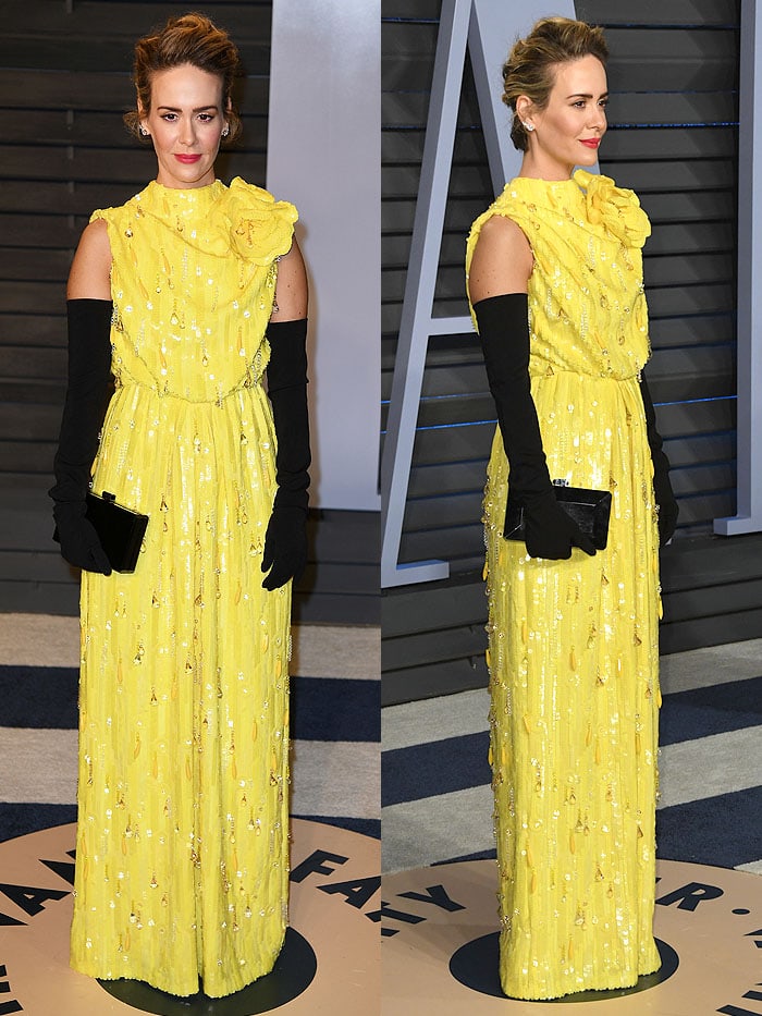 Sarah Paulson in a Marc Jacobs Spring 2018 egg-yellow dress at the 2018 Vanity Fair Oscar Party.