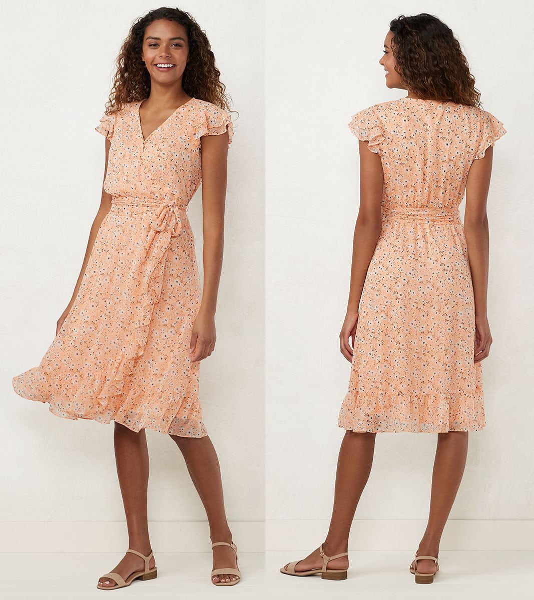 A chiffon wrap-style midi dress that's perfect for work, lunch, and dinner date 
