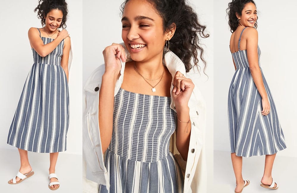 Nautical striped dresses, like Old Navy's smocked fit-and-flare midi dress, are a staple in every summer wardrobe