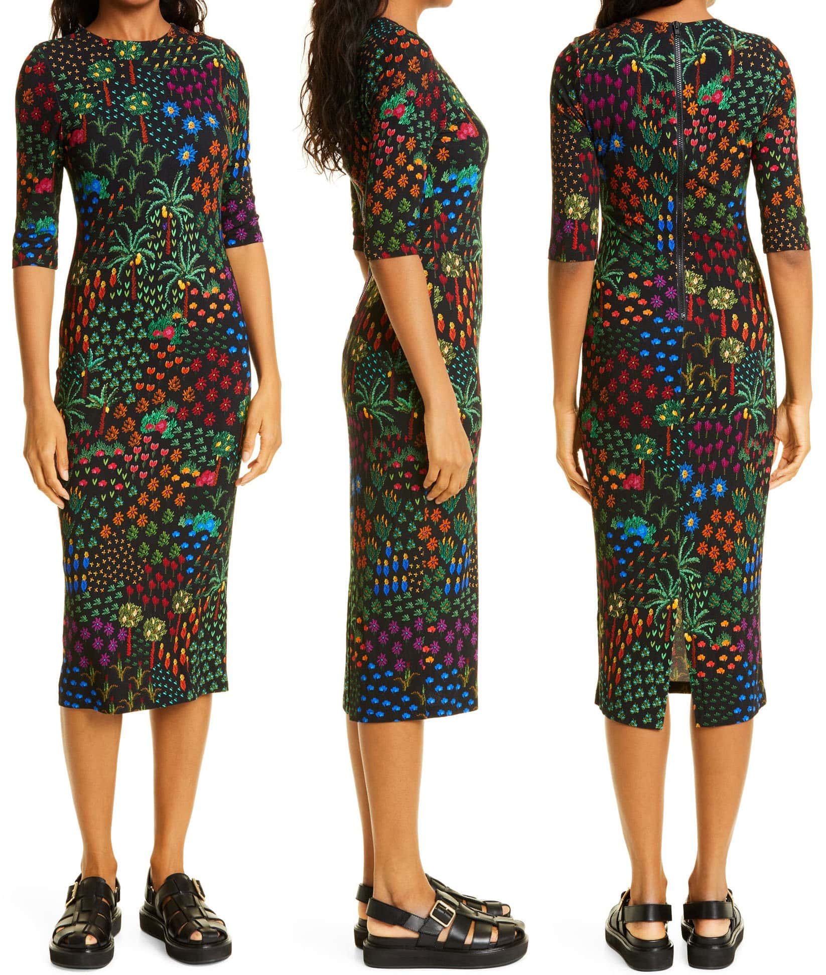 A garden of fruits on a skintight midi dress with elbow-length sleeves and a jewel neck