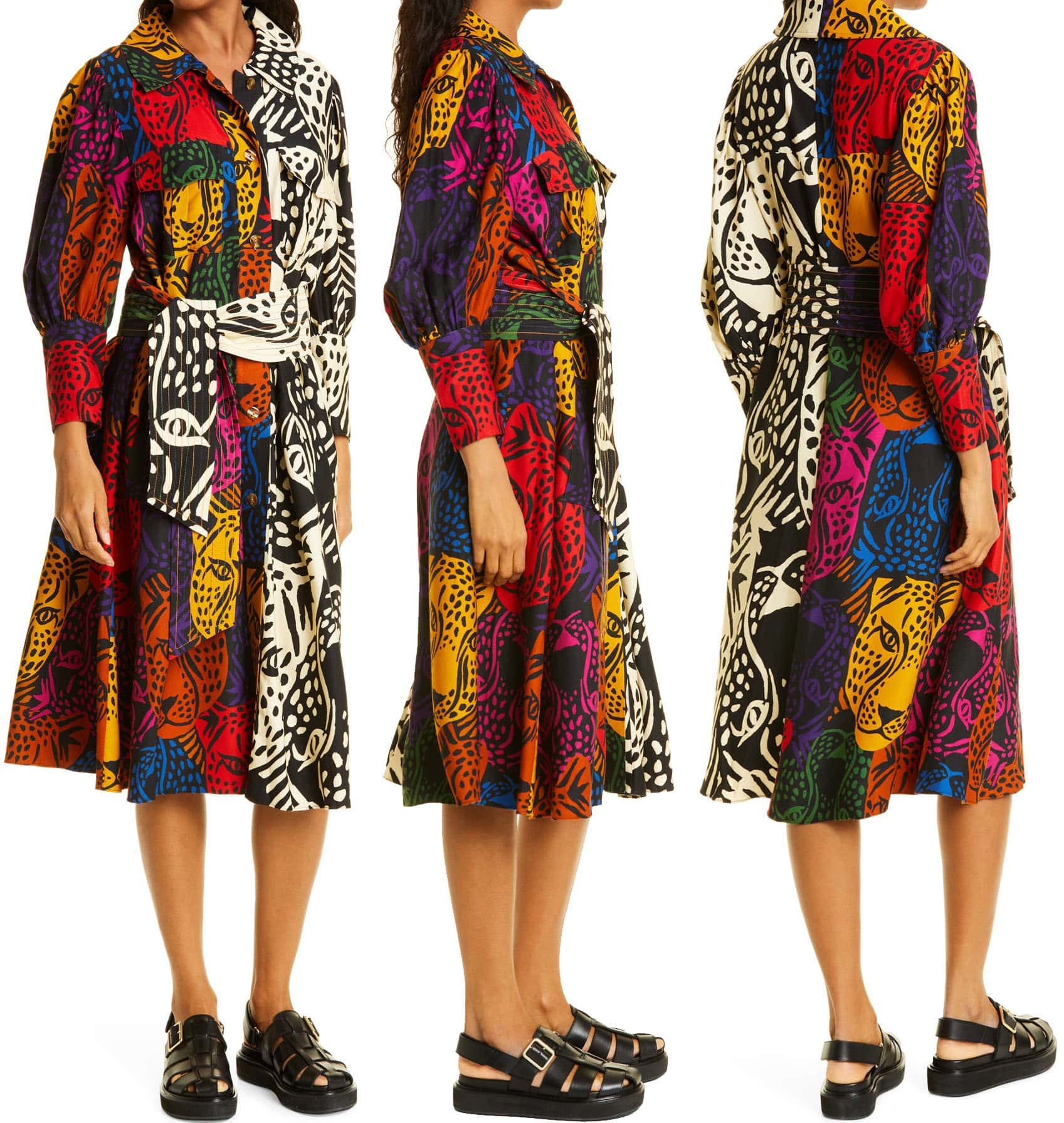 A fierce addition to any wardrobe, the Mixed Midnight shirtdress boasts a colorful wild print, trendy puff sleeves, and a removable sash belt