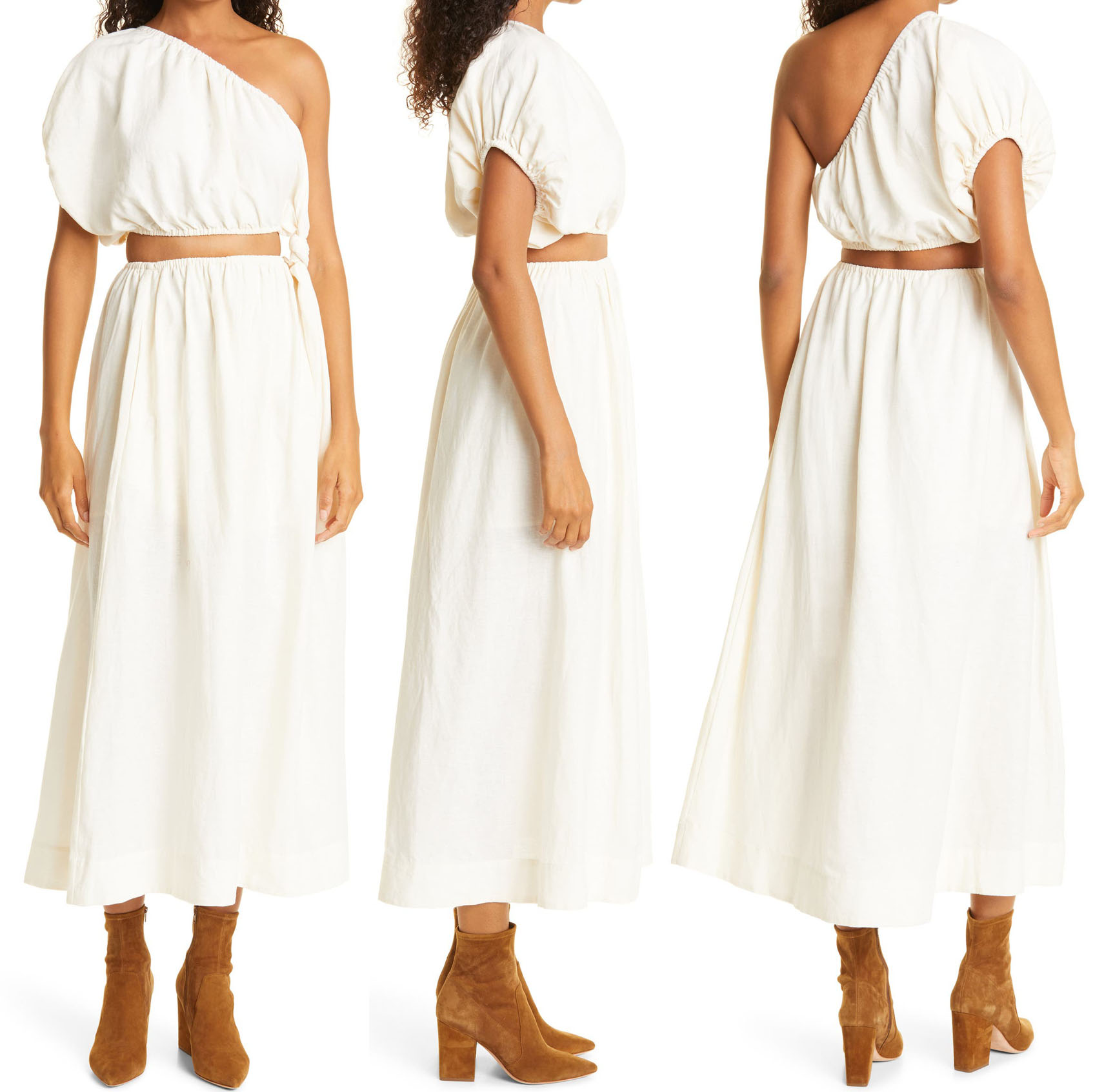 Add a sultry element to a summery look with this breezy one-shoulder dress designed with a cutout detail at the waist