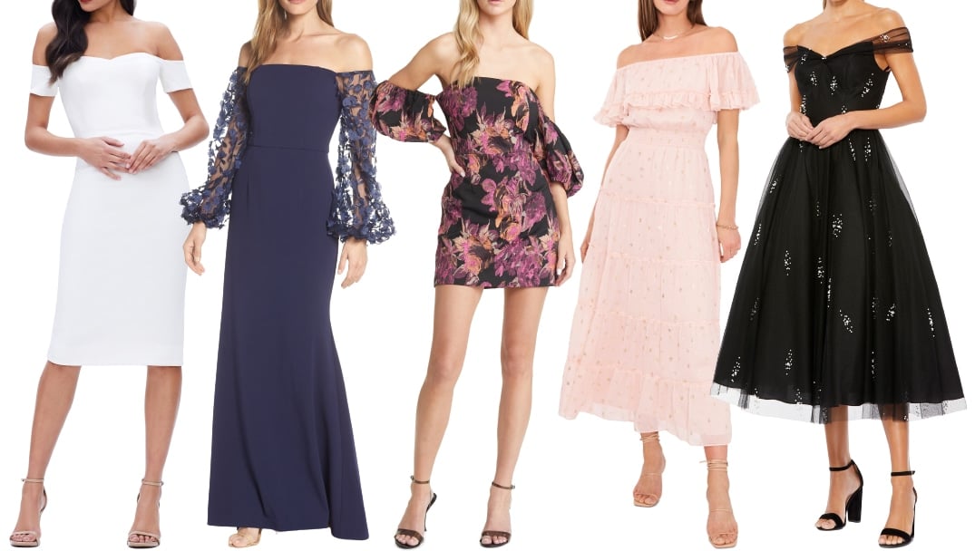Off-the-shoulder dresses are recognizable by the neckline that sweeps across the neck and the sleeves that fall below the shoulders