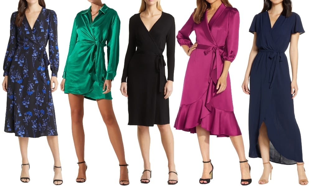 A wrap dress has a front closure made by crossing one side over the other and is tied at the side or back