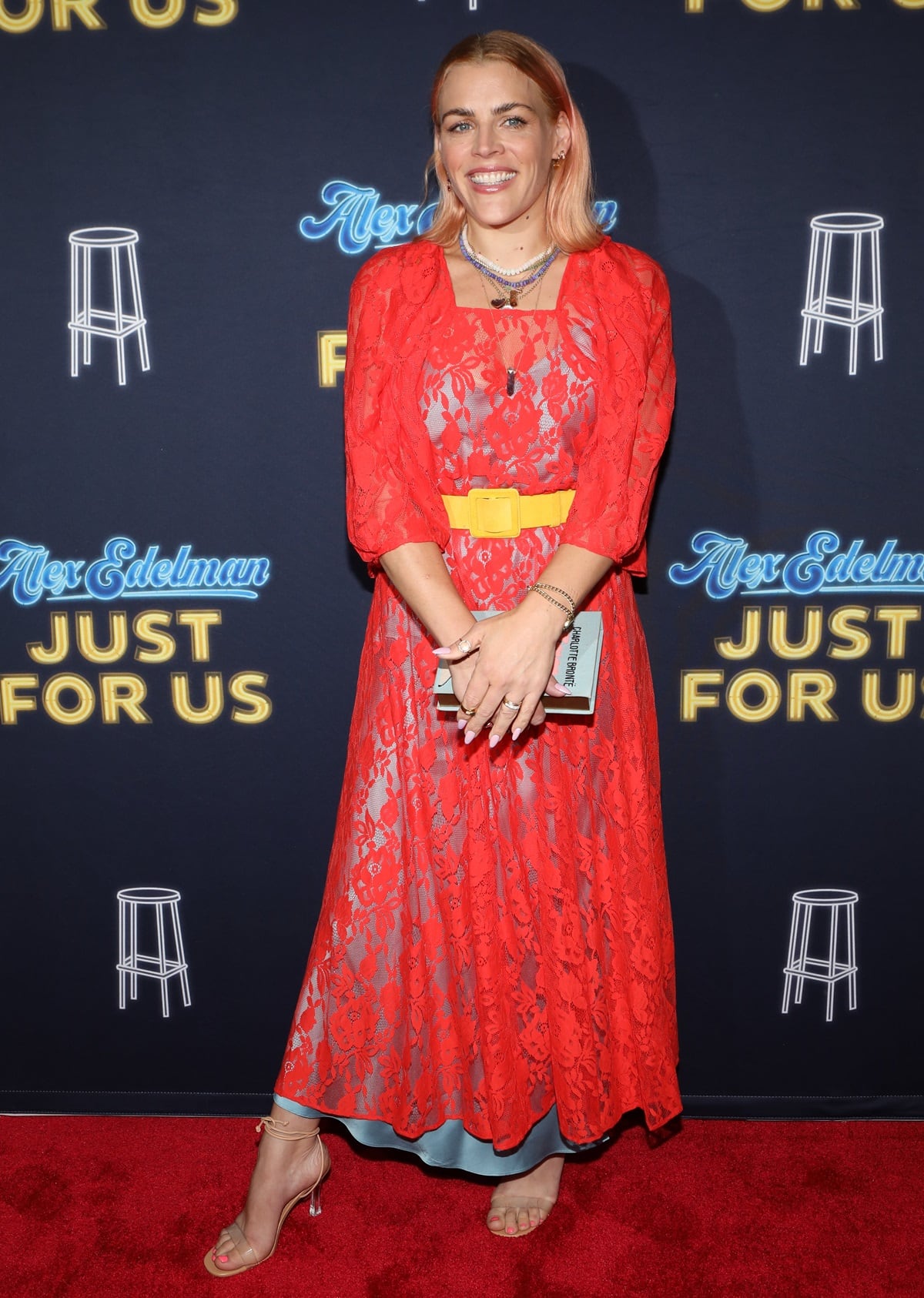 Busy Philipps looked lovely in a red dress paired with ankle-strap sandals at the "Just For Us" Broadway Opening Night